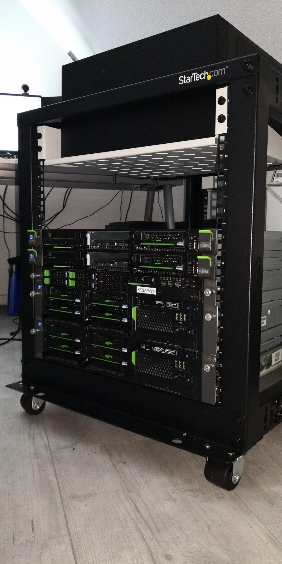 12u server rack filled with Fujitsu servers