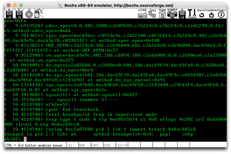 Screenshot of Bochs emulator showing NetBSD Kernel Panic