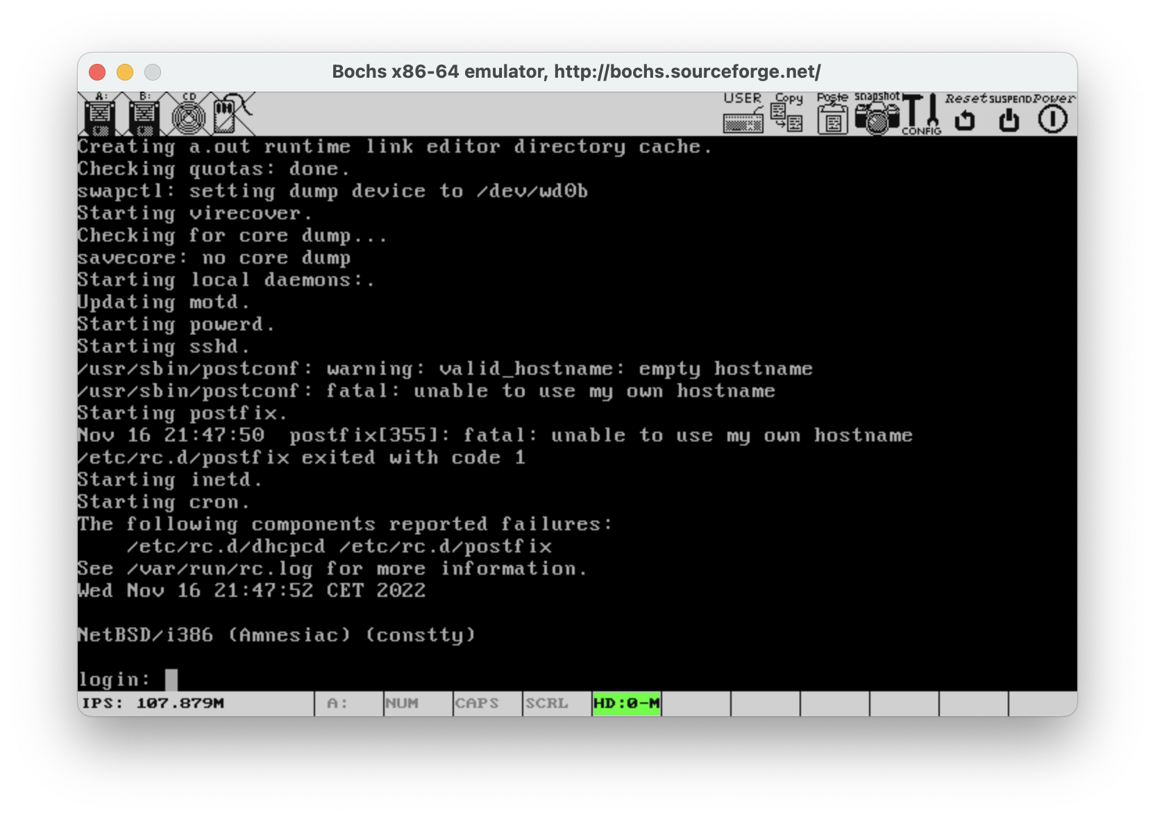 Bochs screenshot with fully booted NetBSD