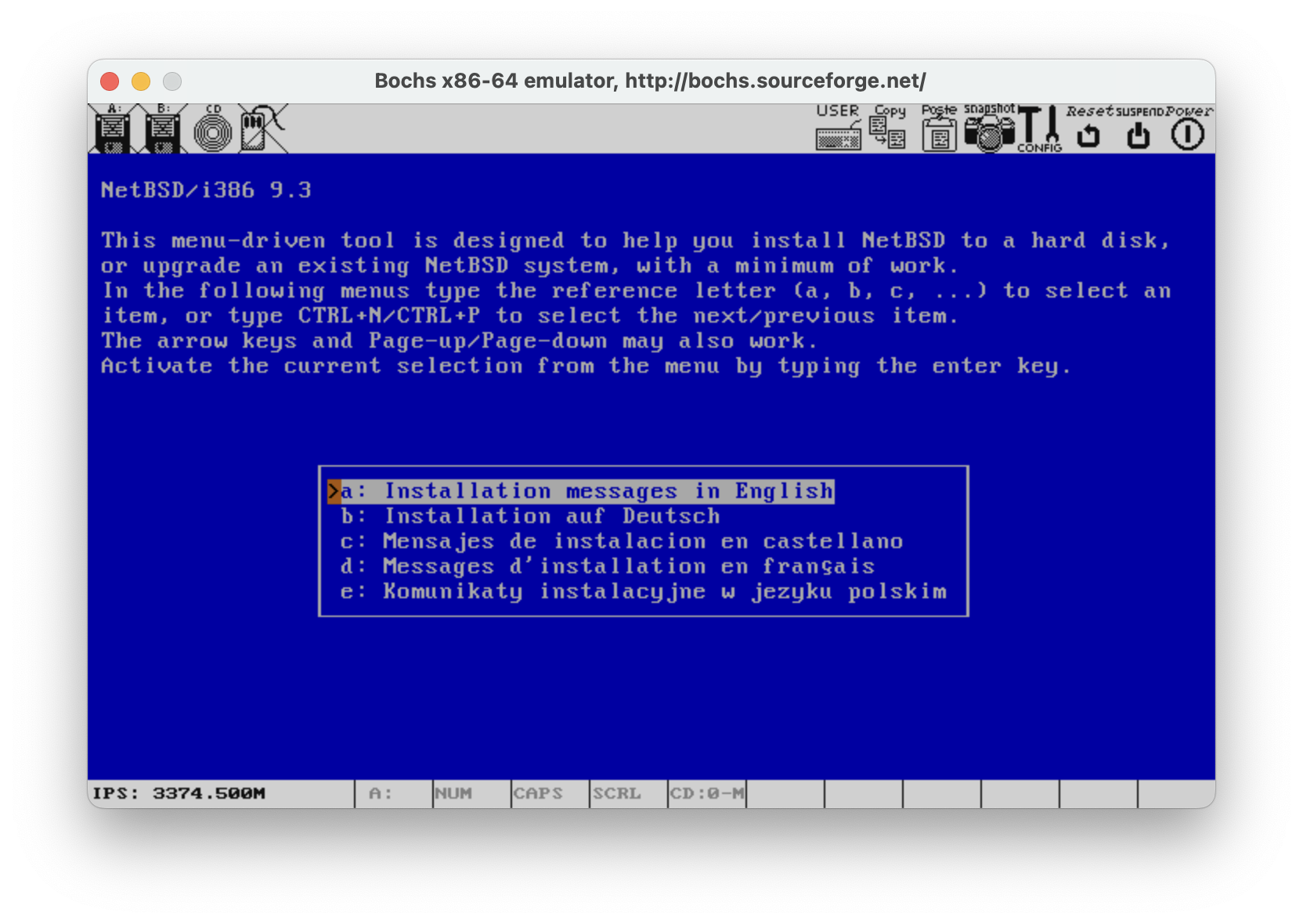 Bochs screenshot showing NetBSD 9.3 installer
